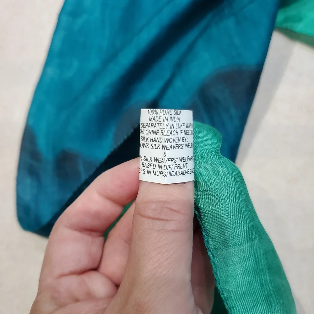 Hand Woven‎ Pure Silk Scarf Teal Blue Green Abstract Drip Design India